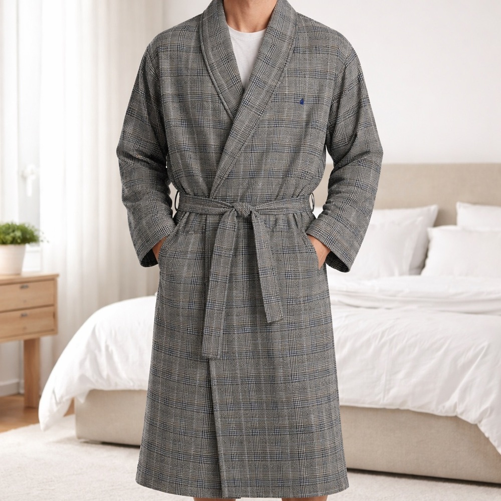Polo Ralph Lauren Gray Houndstooth Plaid Shawl Collar Robe L/XL Belted Logo